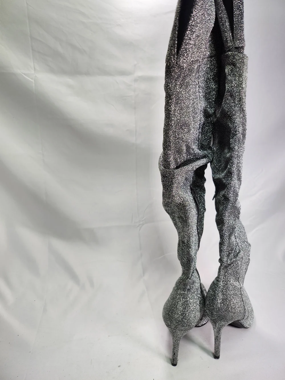 Brash Silver Glitter Over-the-Knee Pointed Toe Stiletto Boots
